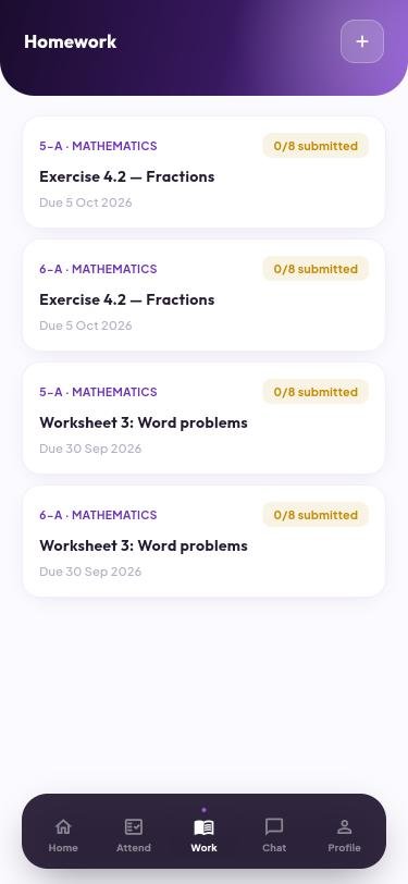 Homework list in the teacher app