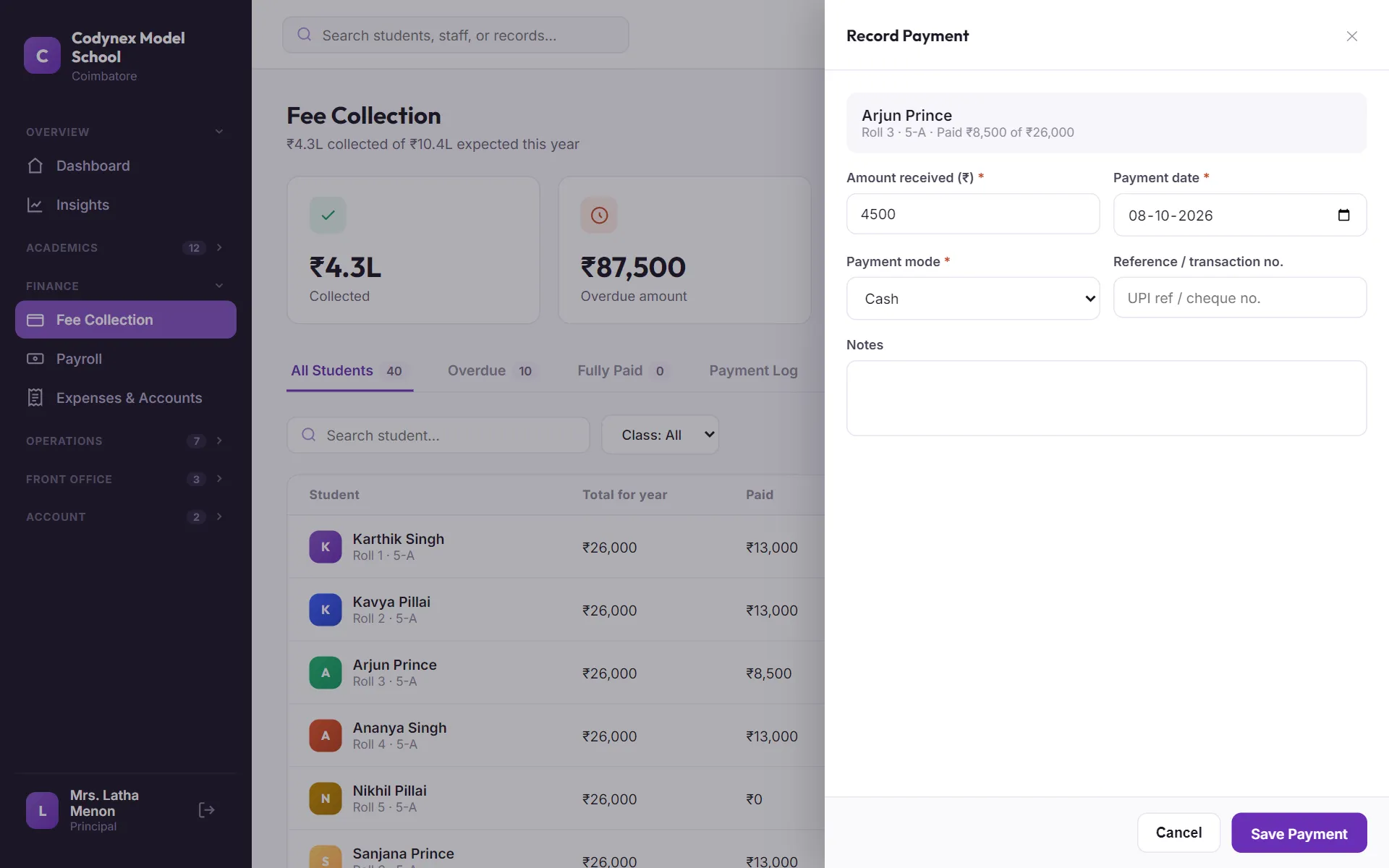 Recording a fee payment